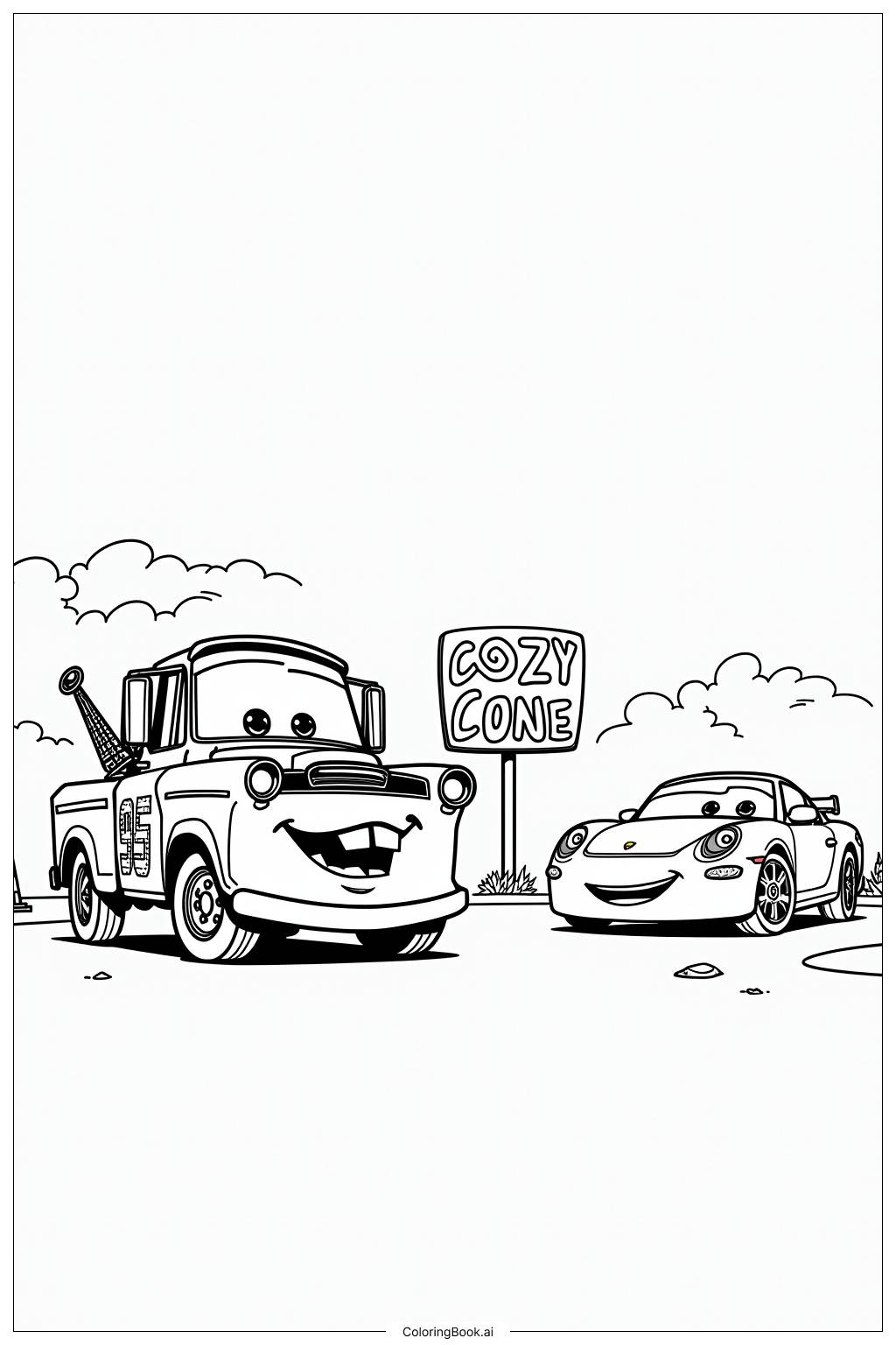  Page de coloriage Lightning McQueen avec Sally au Cozy Cone Motel 