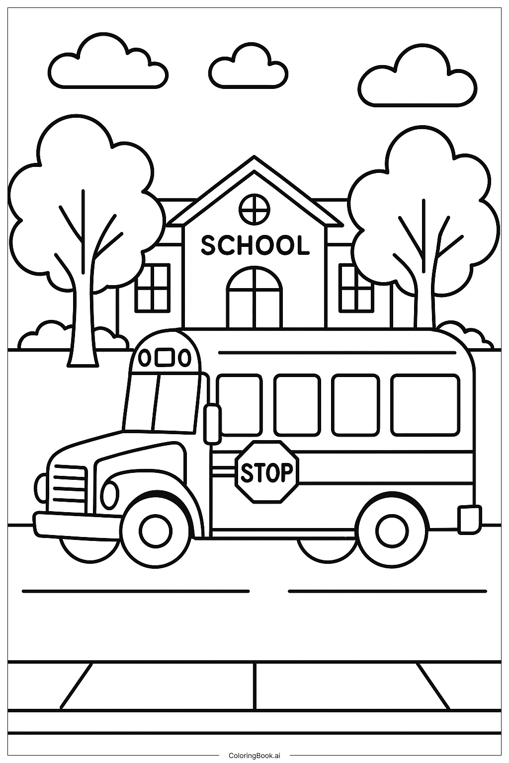  Schulbus mit ausgefahrenem Stoppschild Ausmalseite 