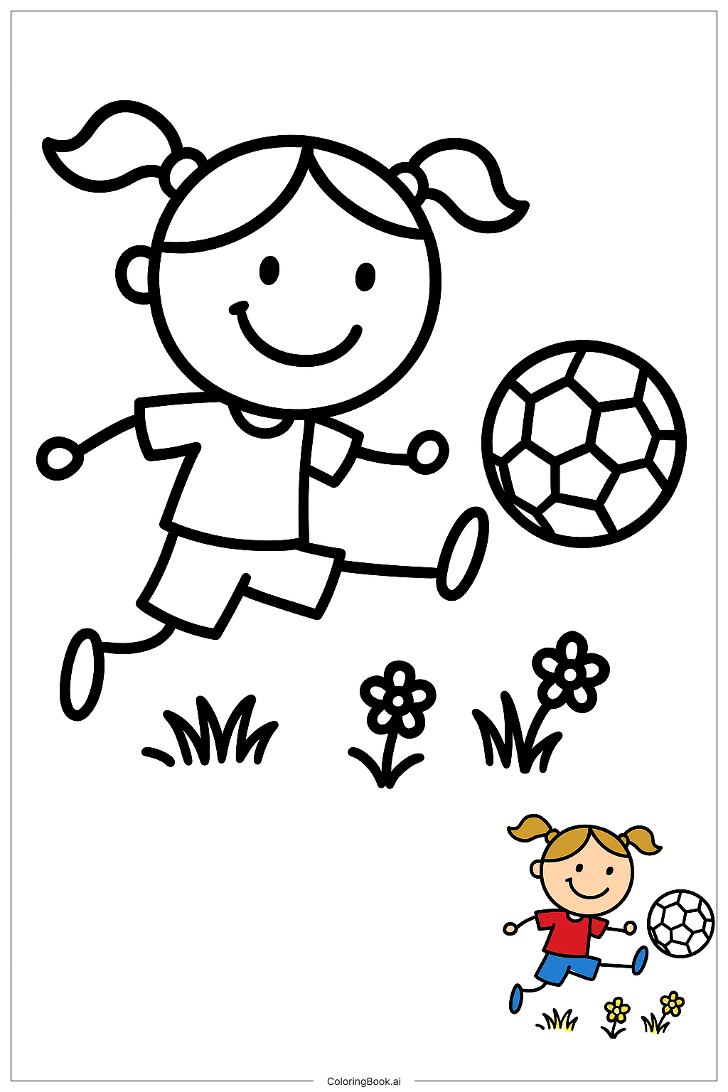  Page de coloriage Fille tirant un ballon de football 