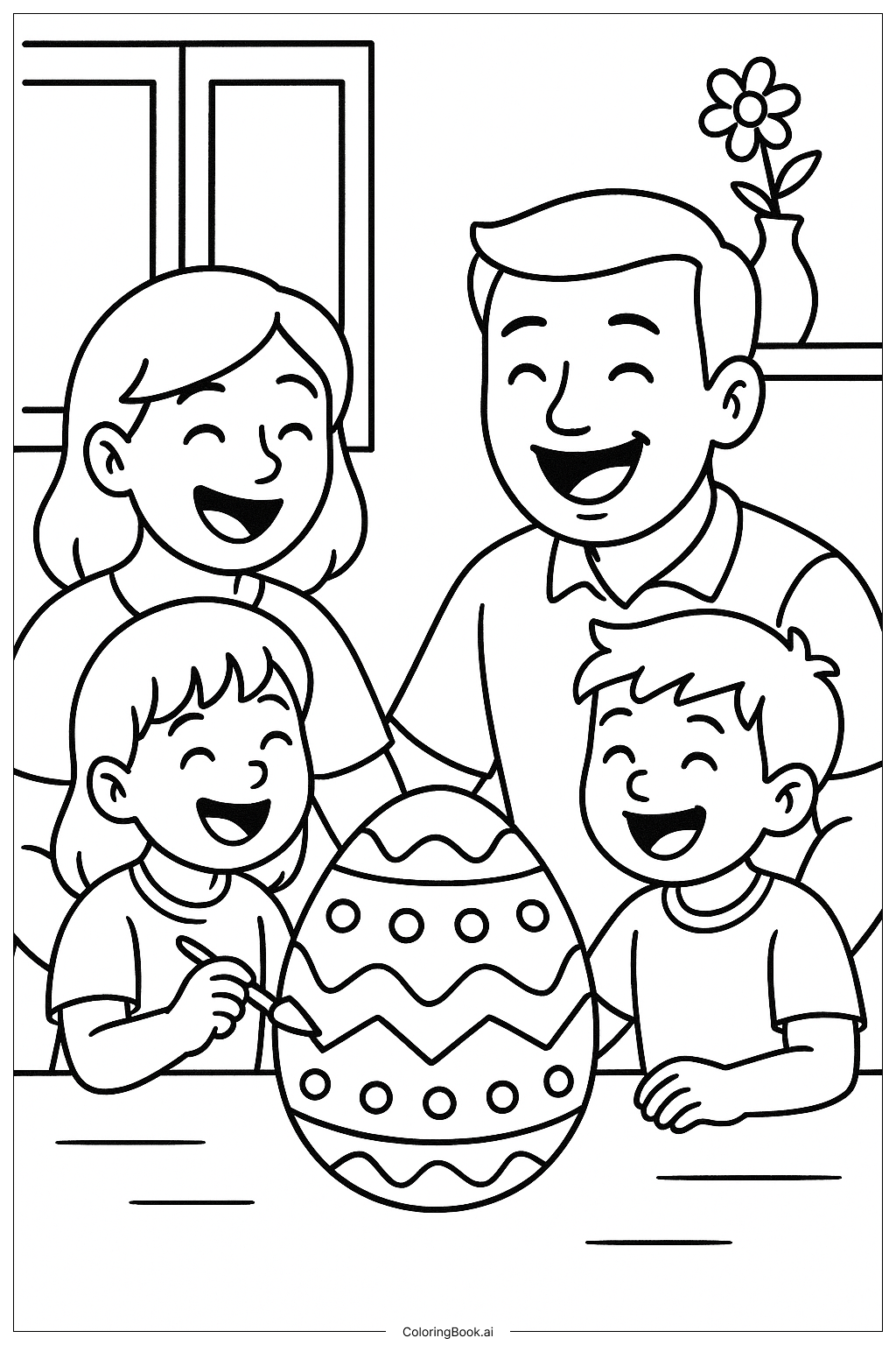  A Family Decorating An Easter Egg Coloring Page 