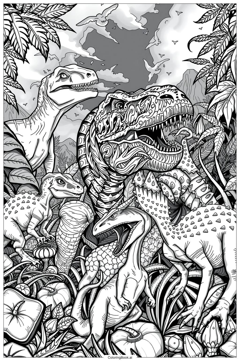  Jurassic World Dinosaurs in a Feeding Frenzy Coloring Page 