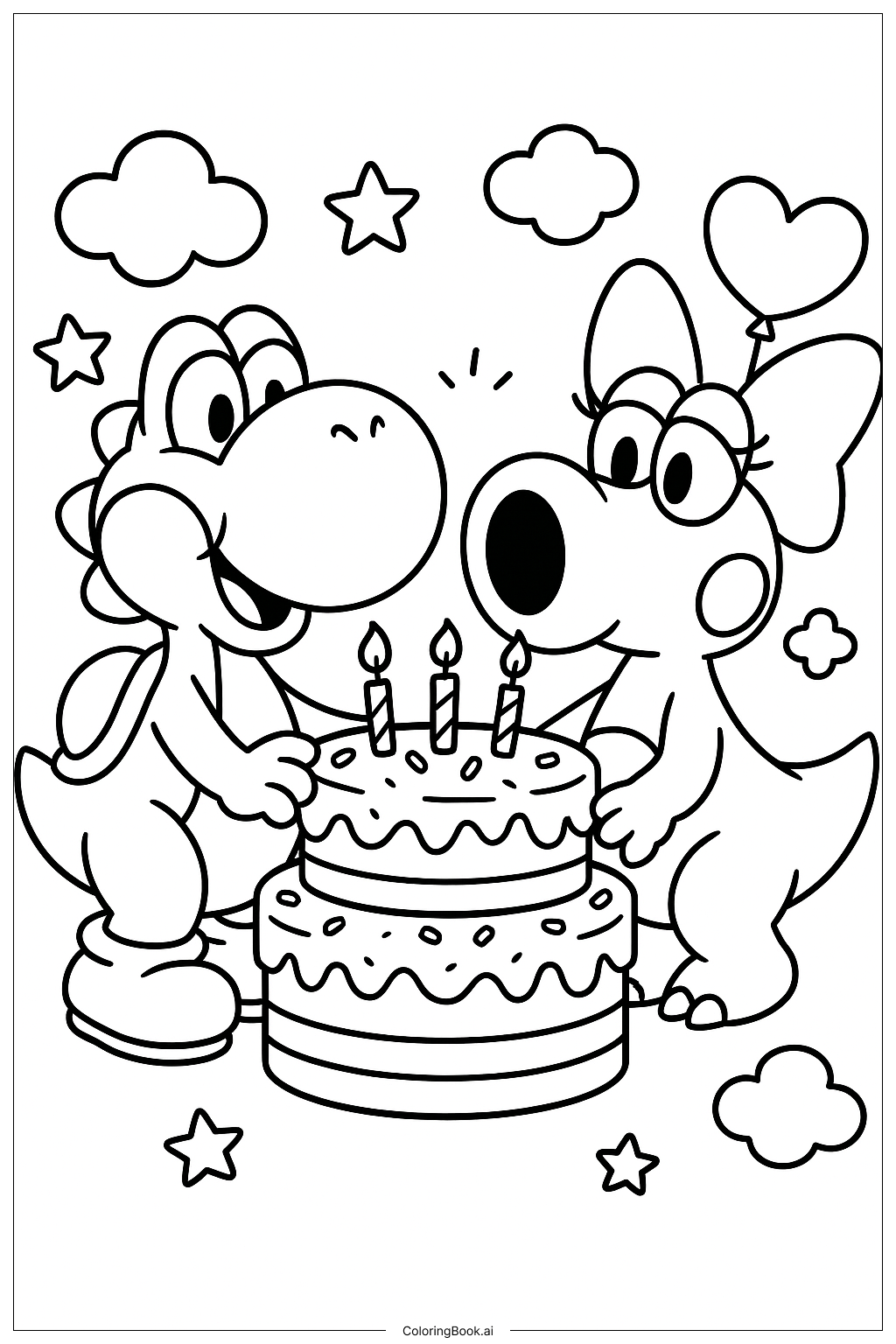  Yoshi and Birdo Sharing a Cake Coloring Page 
