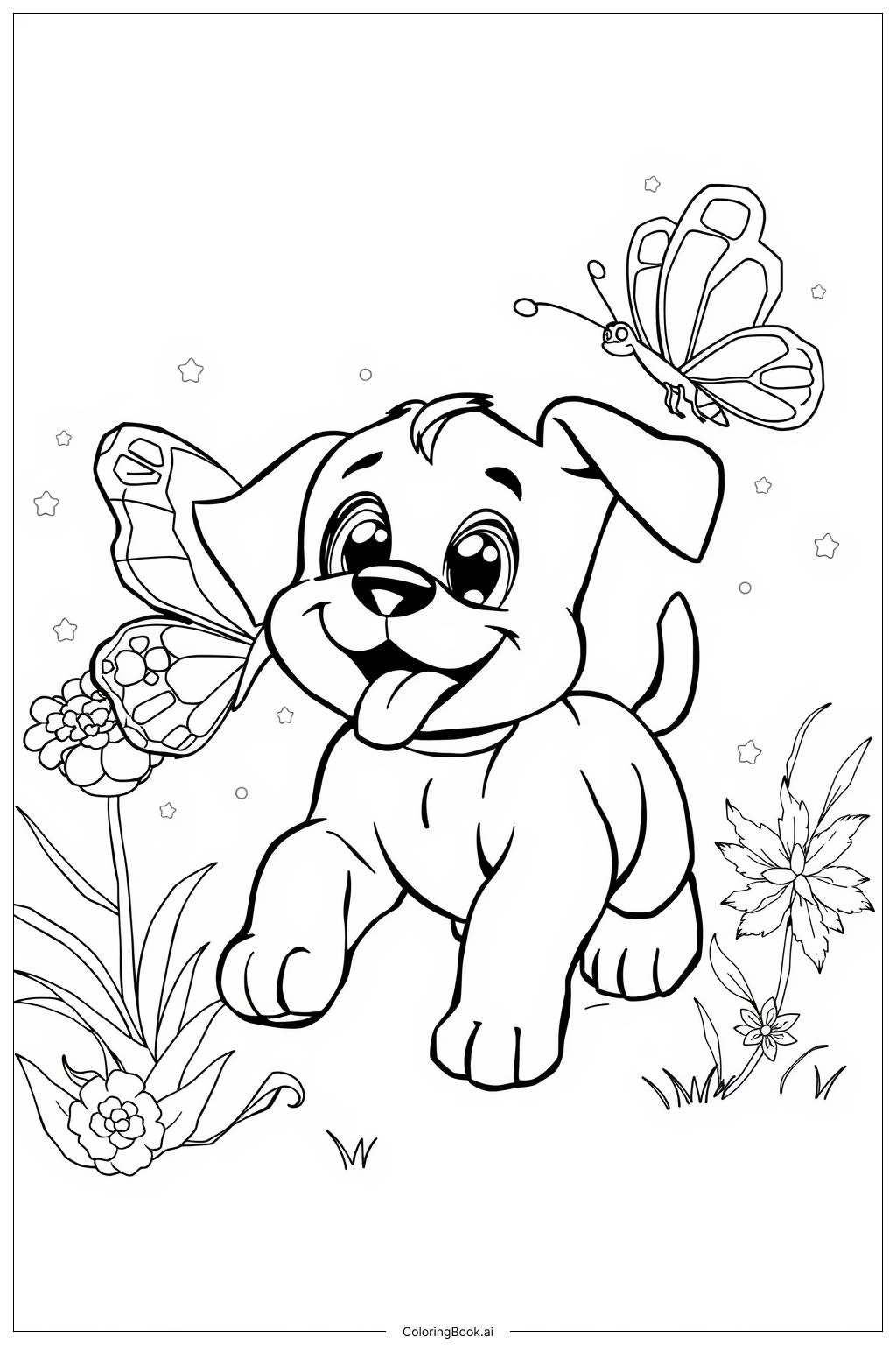  Page de coloriage Chiot poursuivant un papillon 