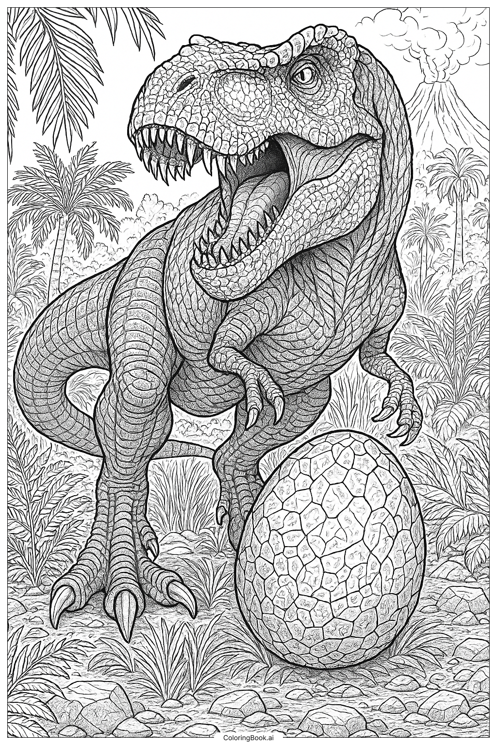  T-Rex Roaring Over Its Giant Egg Coloring Page 