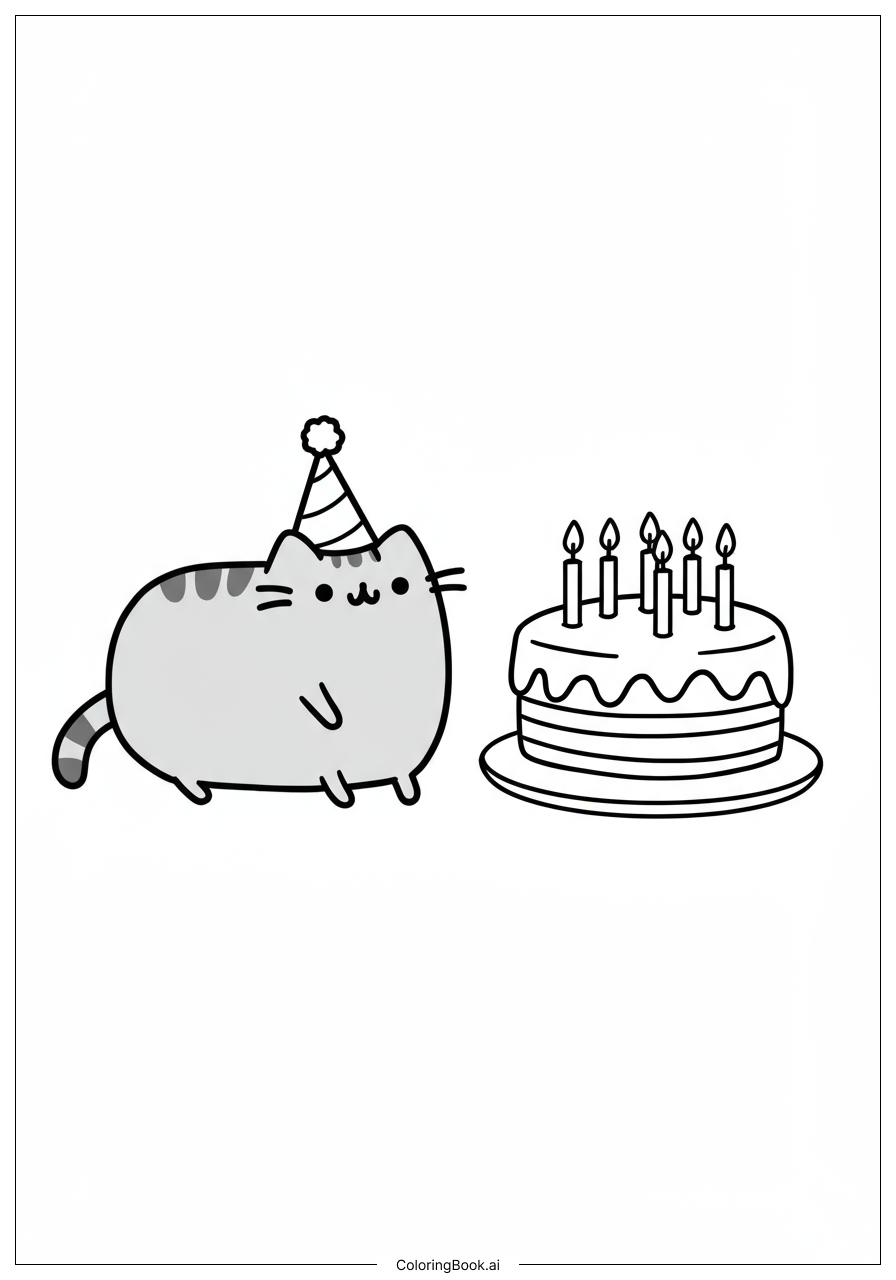  Pusheen With Birthday Cake Coloring Page 