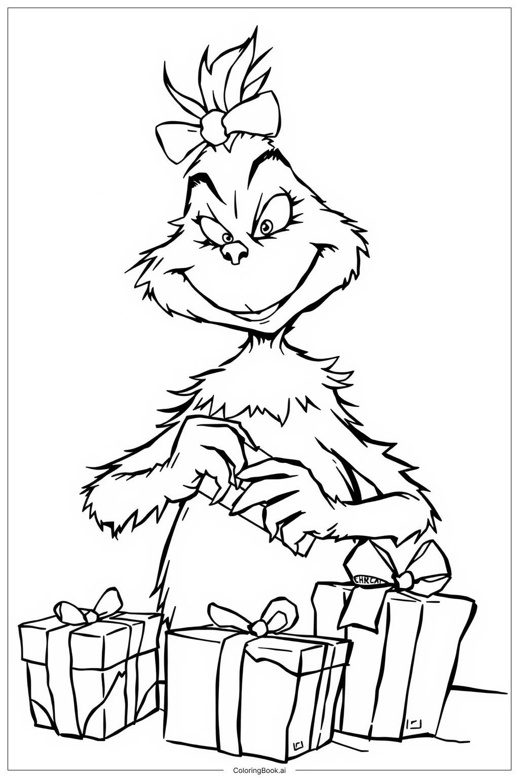  Page de coloriage Grinch emballant des cadeaux avec joie 