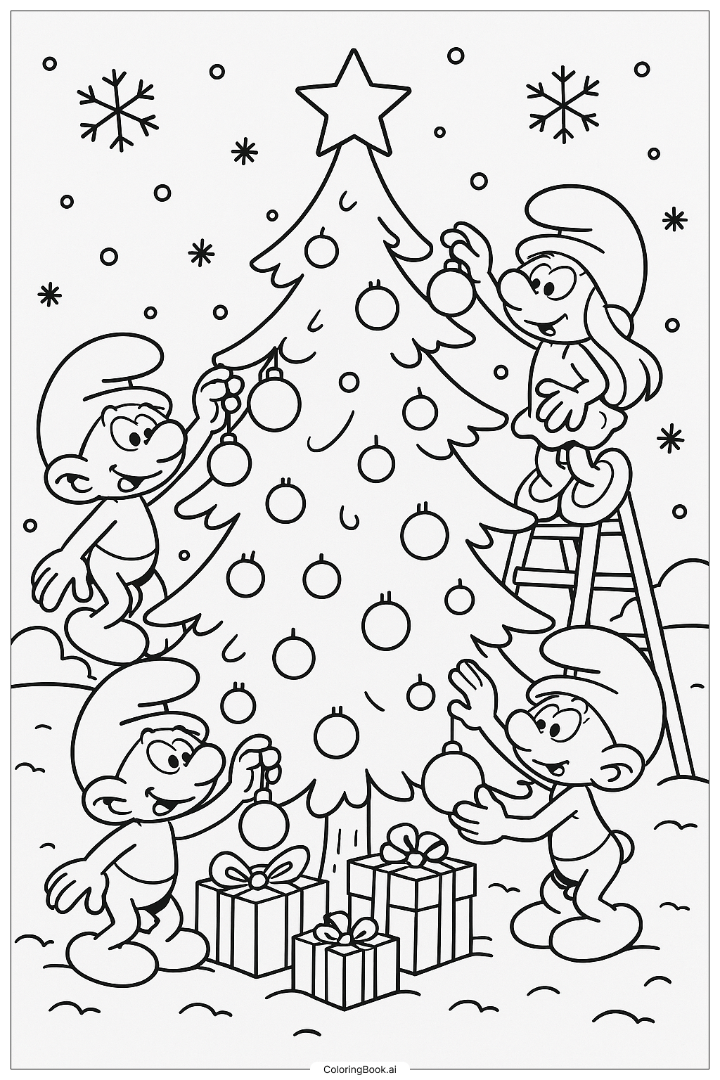  Smurfs Decorating A Christmas Tree Coloring Page 