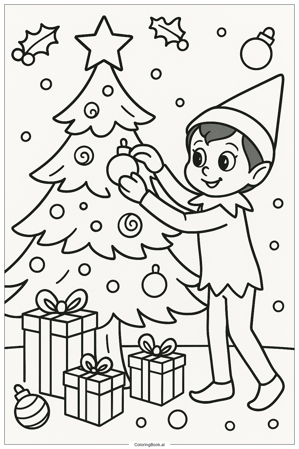  Página para colorir de Elfo na Prateleira Decorando uma Árvore de Natal 