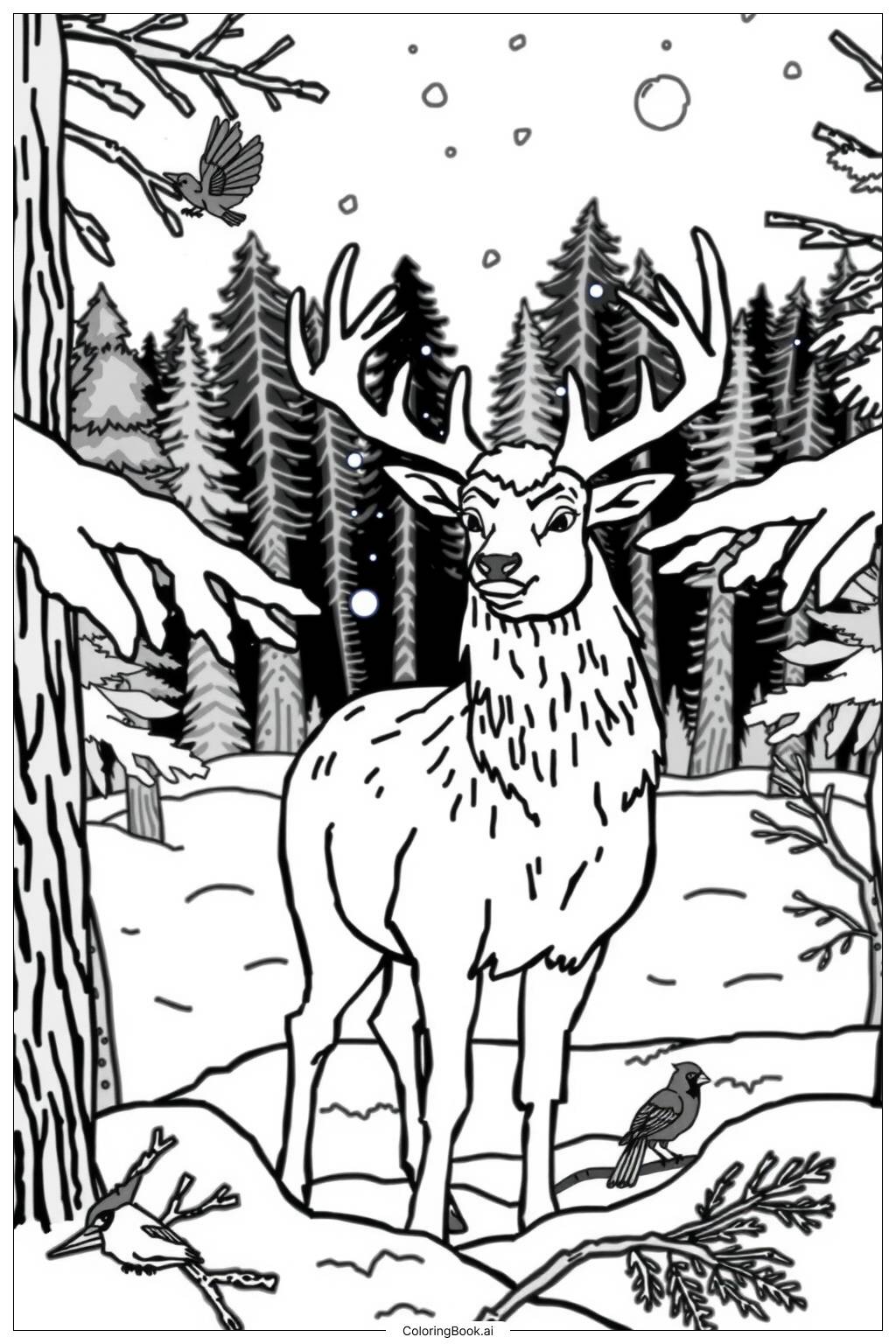  Page de coloriage Cerf dans la neige d'hiver-2 