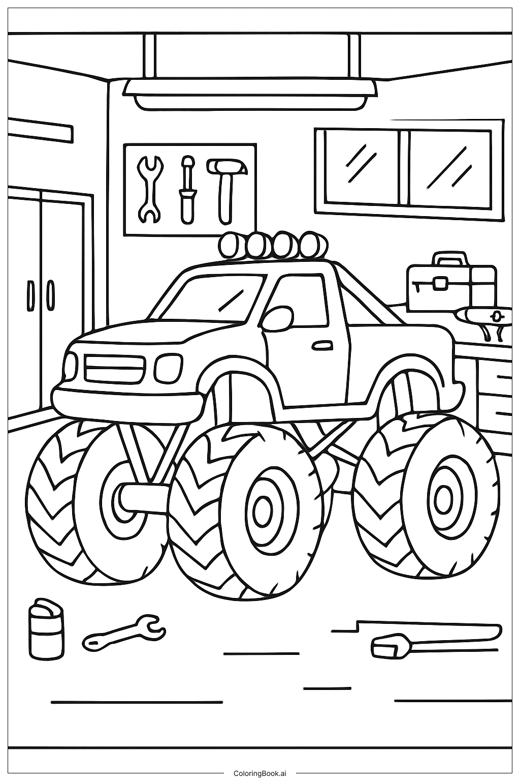 怪物卡車在機械師的車庫裡著色頁