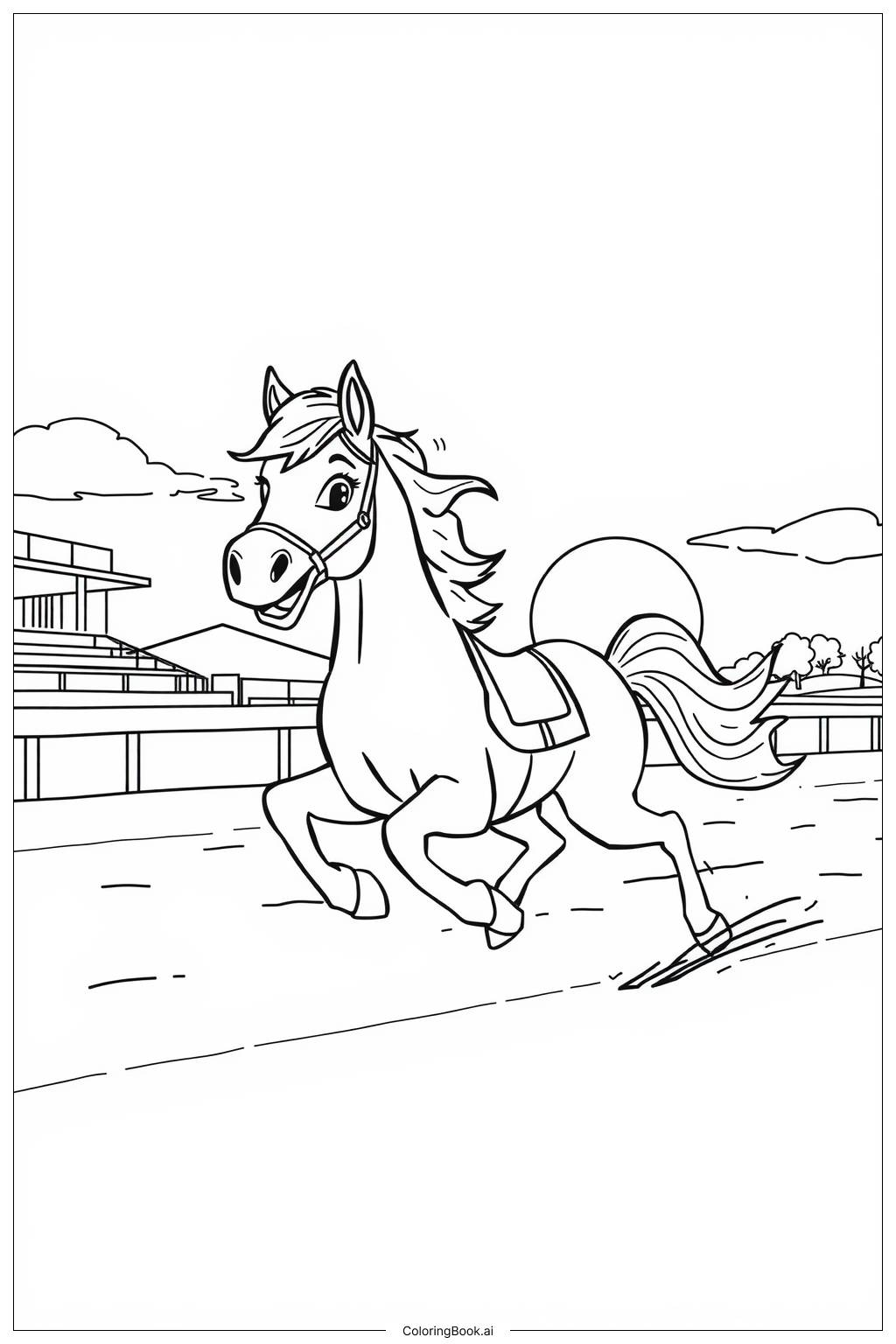  Page de coloriage Course de chevaux Derby au coucher du soleil 