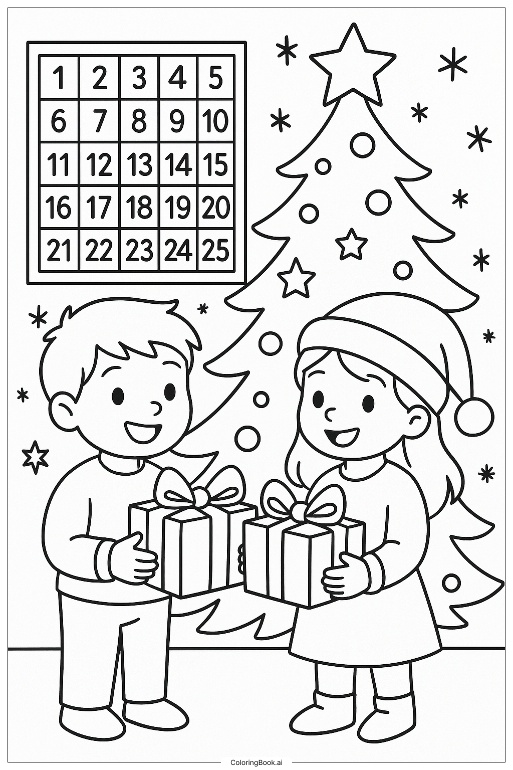  대림절 선물 교환 장면 색칠공부 페이지 