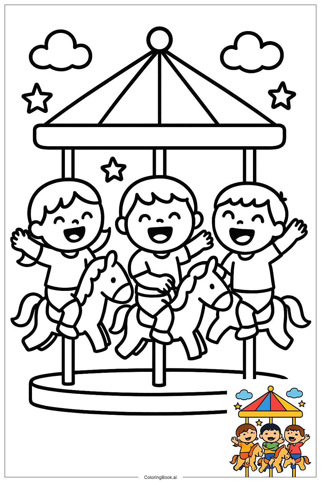  Friends Riding Carousel At Fair著色頁 