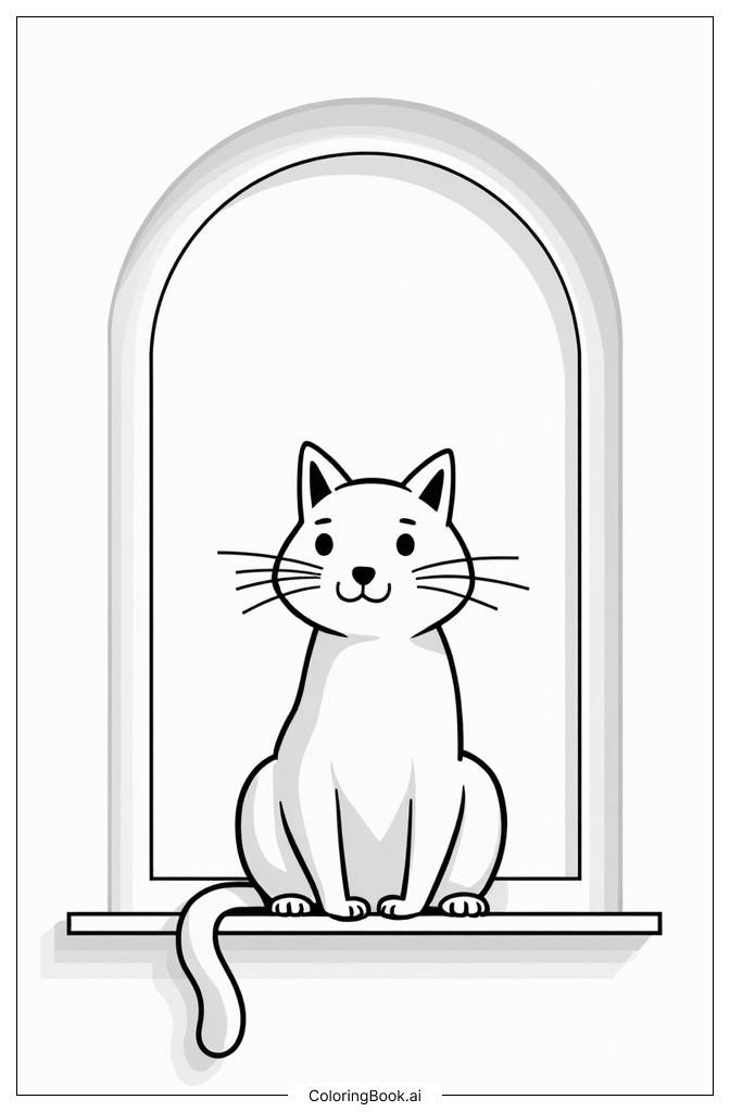  Página para colorir de Gato sentado em um parapeito de janela colorido de arco-íris 