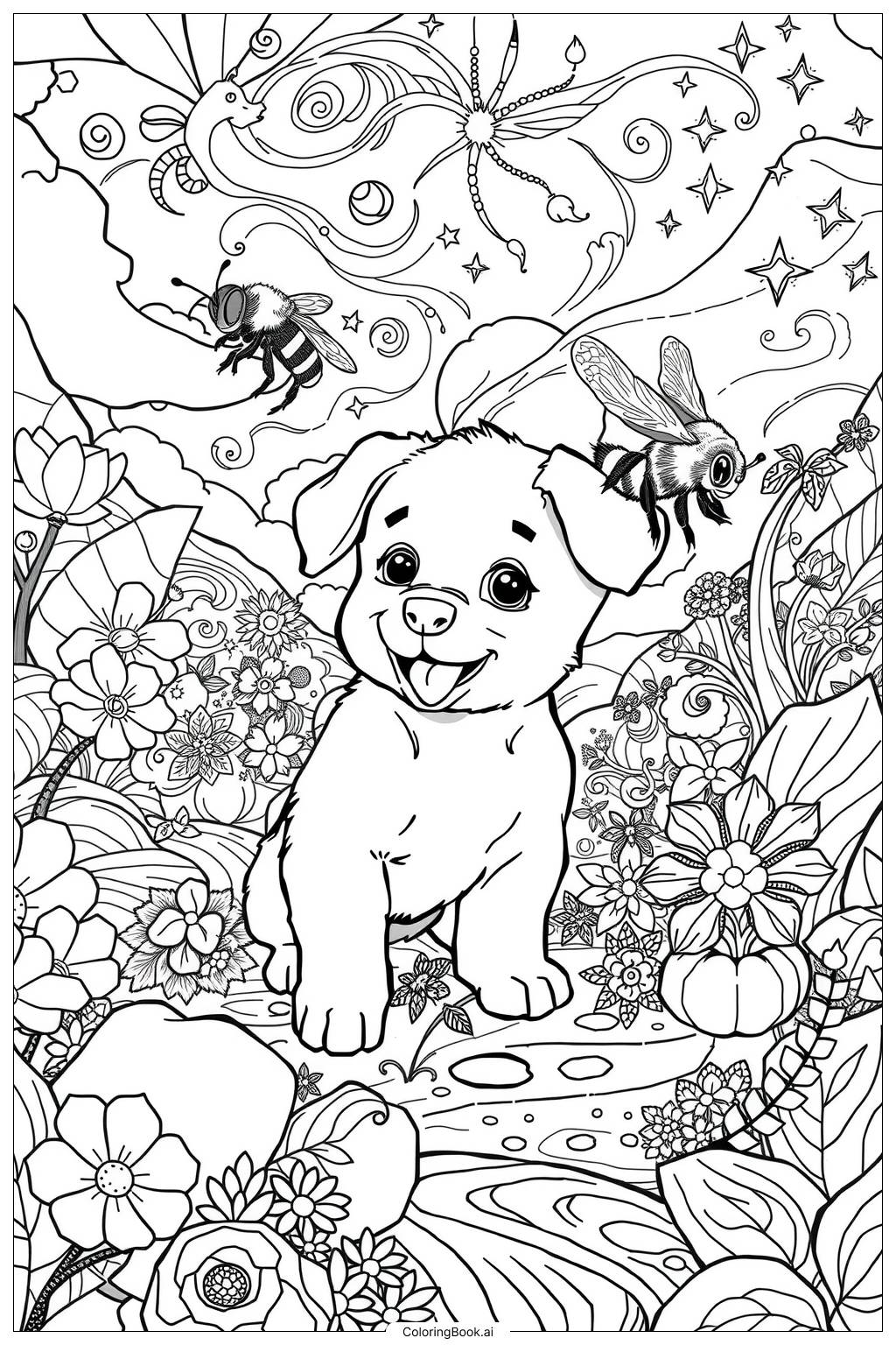  Page de coloriage Abeille et Puppycat dans un monde fantastique-2 