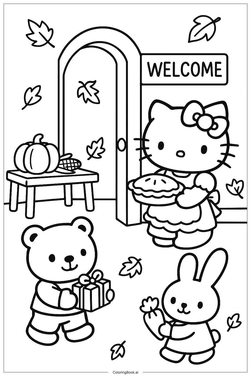  Hello Kitty empfängt Gäste zum Erntedankfest Ausmalseite 