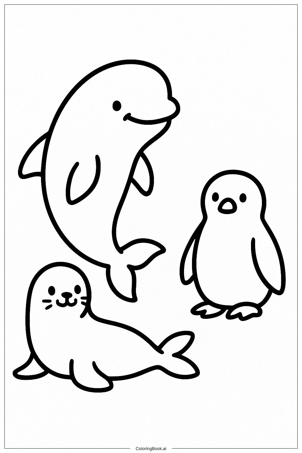  笑顔のシロイルカとその他の北極動物の塗り絵ページ 