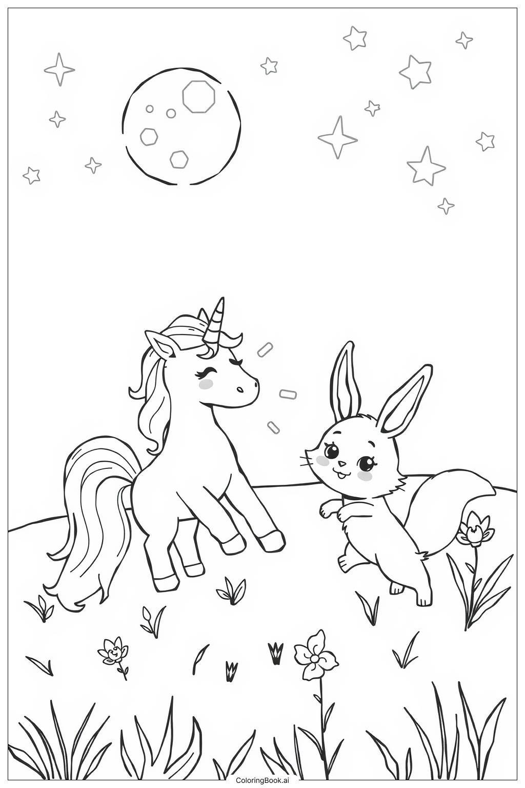  Page de coloriage licorne, renard et lapin jouant sous la lumière de la lune 