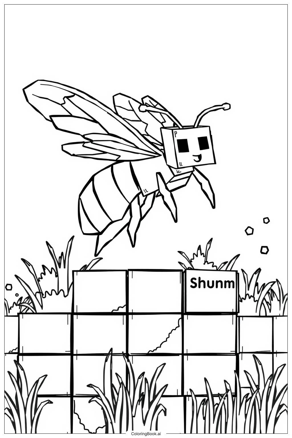  마인크래프트 벌이 블록 위를 날고 있어요-2 색칠공부 페이지 