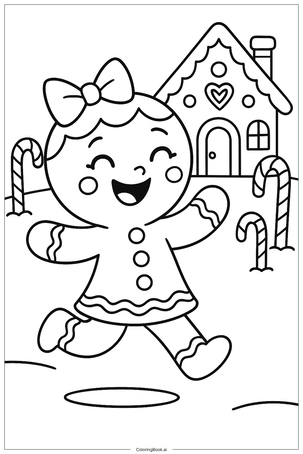  幸せそうにはねるジンジャーブレッドの女の子の塗り絵ページ 