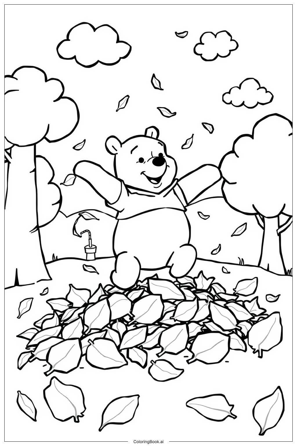  Página para colorir de winnie the pooh folhas de outono 