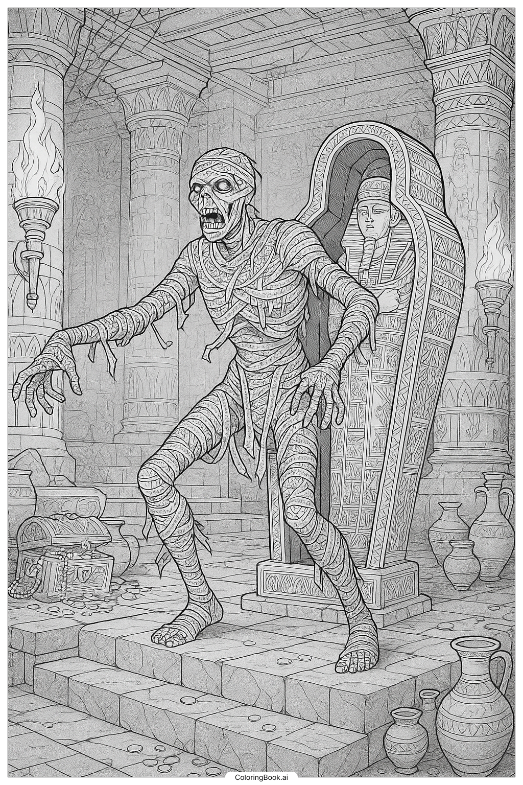  Mummy's Curse Unfolding In A Grand Hall Coloring Page 