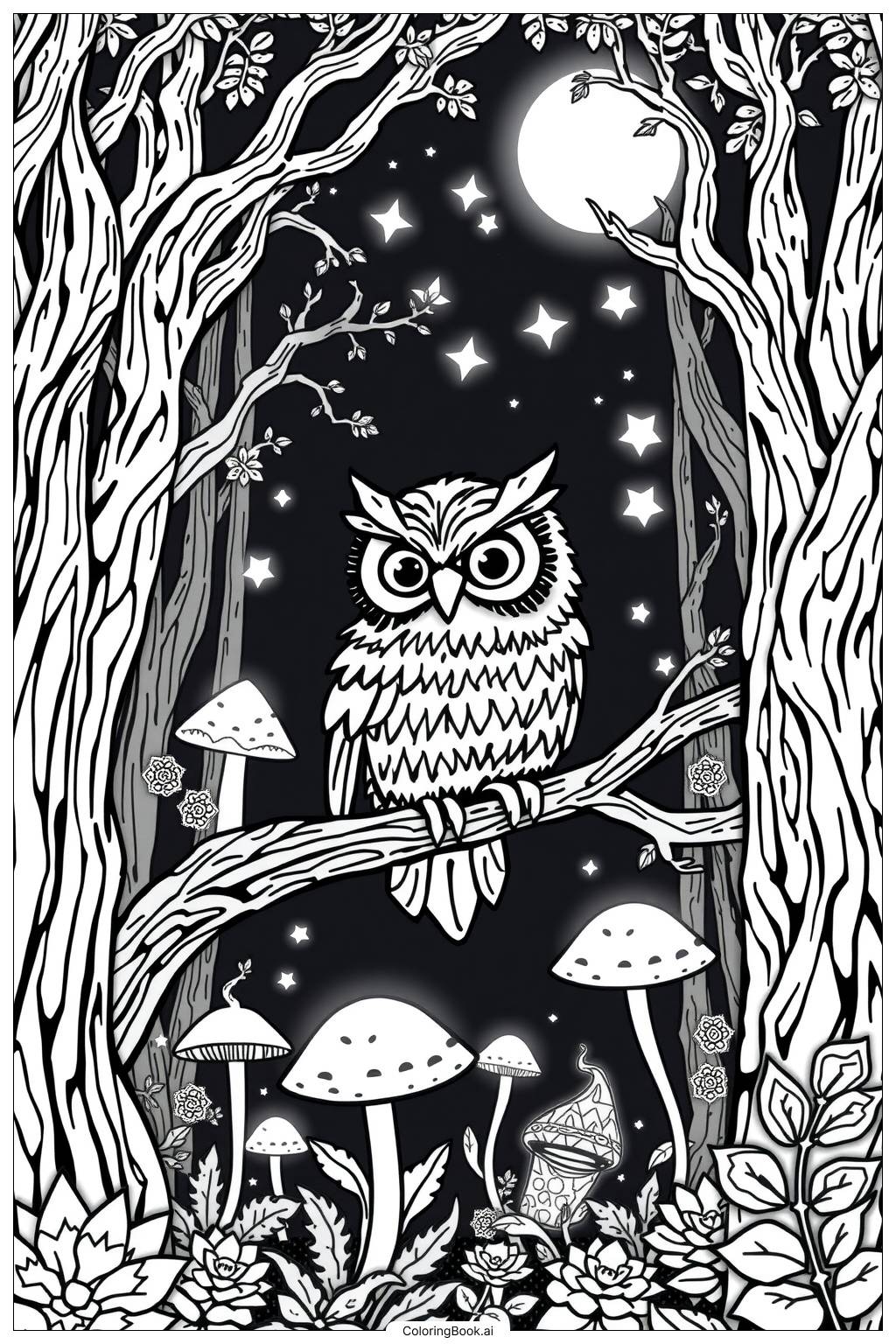  Owl in Enchanted Forest-2 Coloring Page 