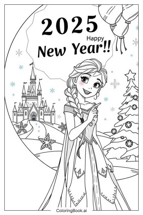  Elsa 2025 Happy New Year Coloring Page 