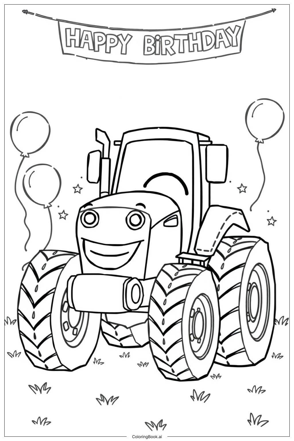  Página para colorear de Feliz Cumpleaños Tractor Celebración 