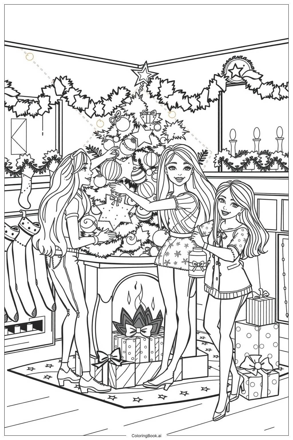  Página para colorear de Barbie y amigos decorando el árbol de Navidad 