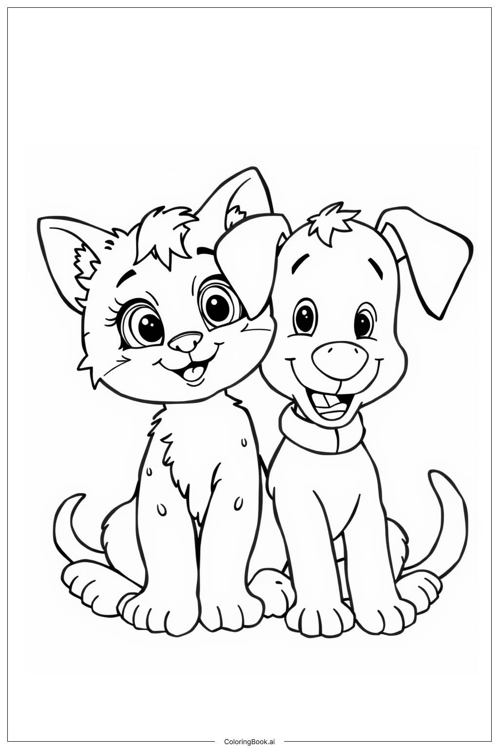  A storybook scene with kittens and puppies Coloring Page 