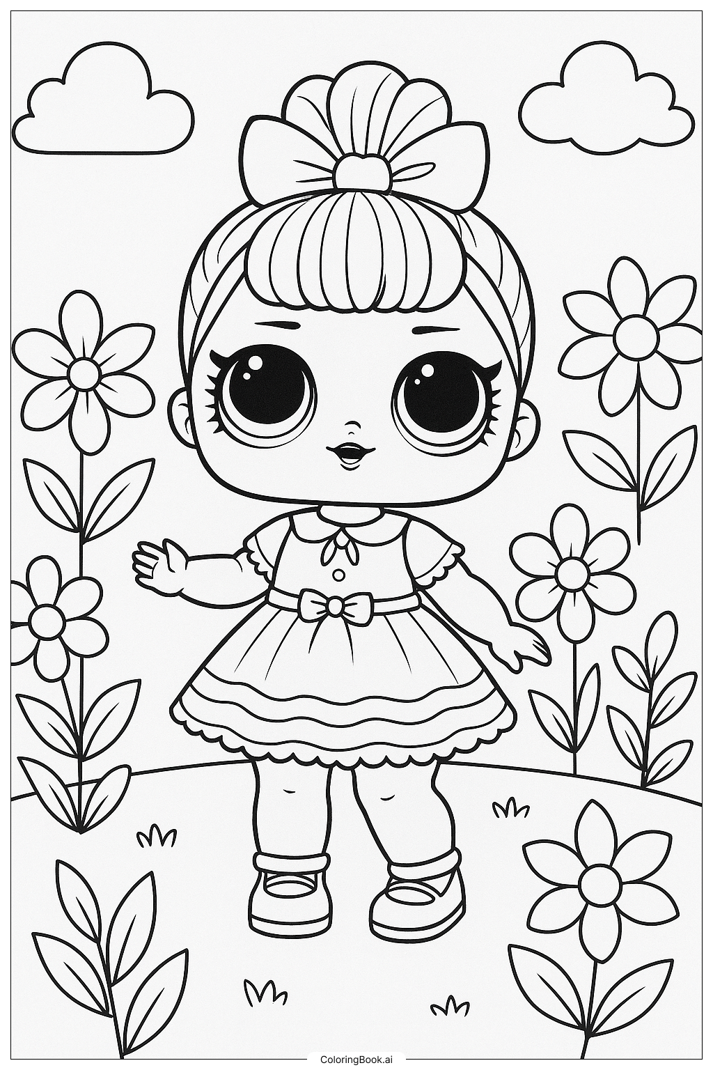 Página para colorir de Boneca Lol em um Jardim com Flores