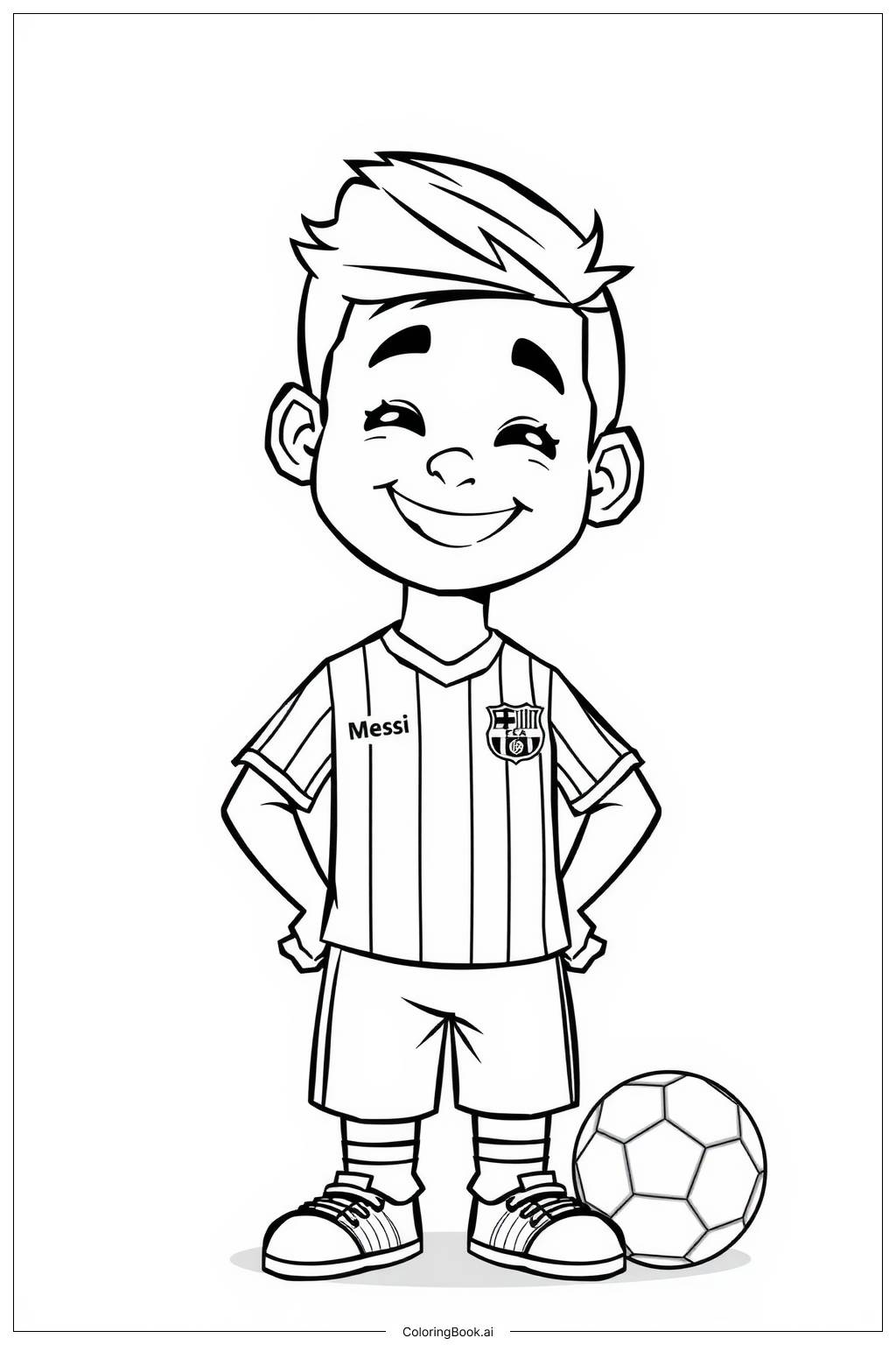  Página para colorear de el pequeño fan de Messi sonriendo con una camiseta 