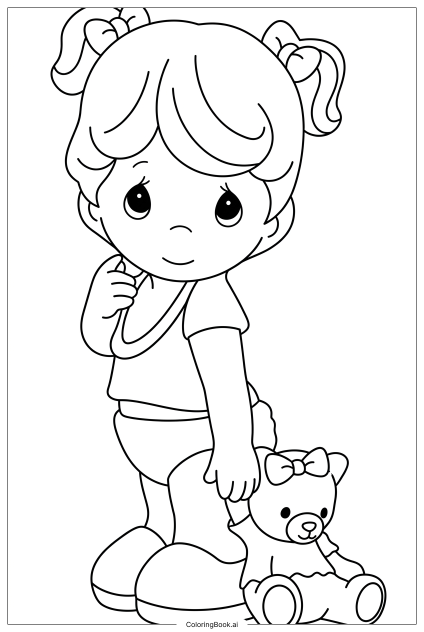  Página para colorear de Niña pequeña de Precious Moments sostiene a su oso de peluche 