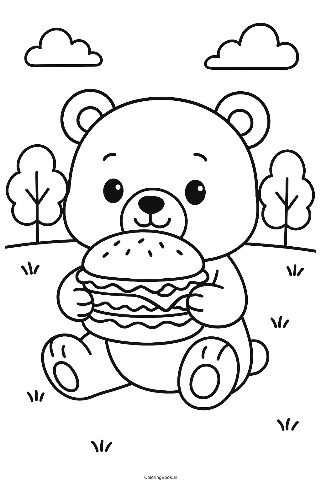  Page de coloriage Un ours de dessin animé mangeant un hamburger 