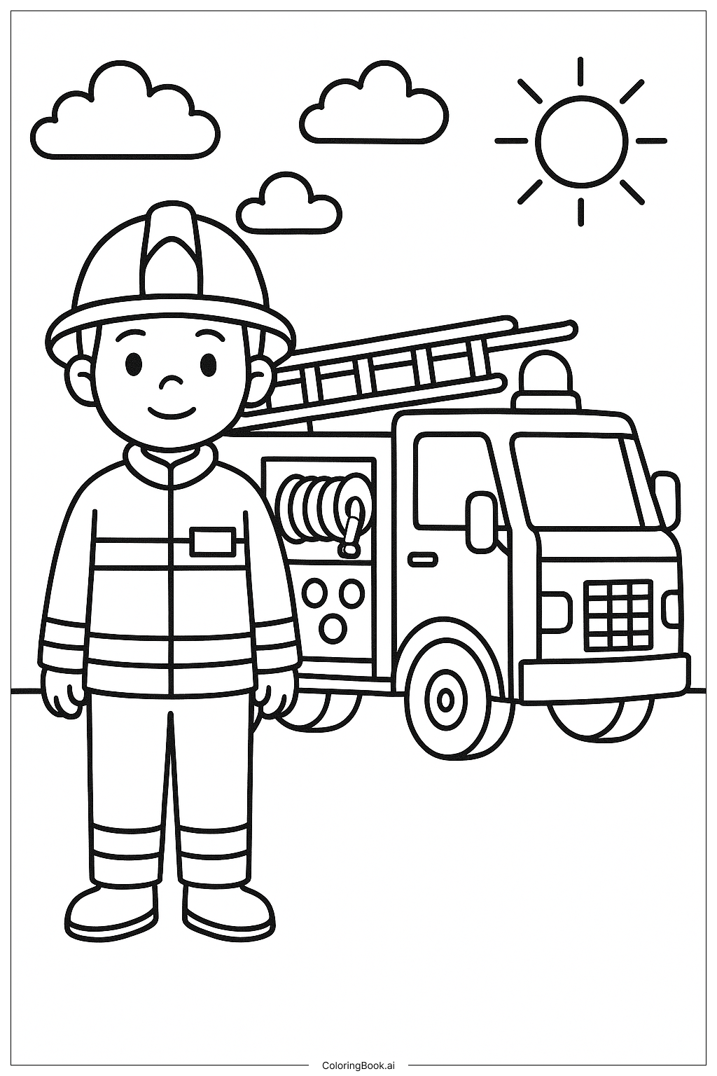 消防安全-消防员与消防车填色页