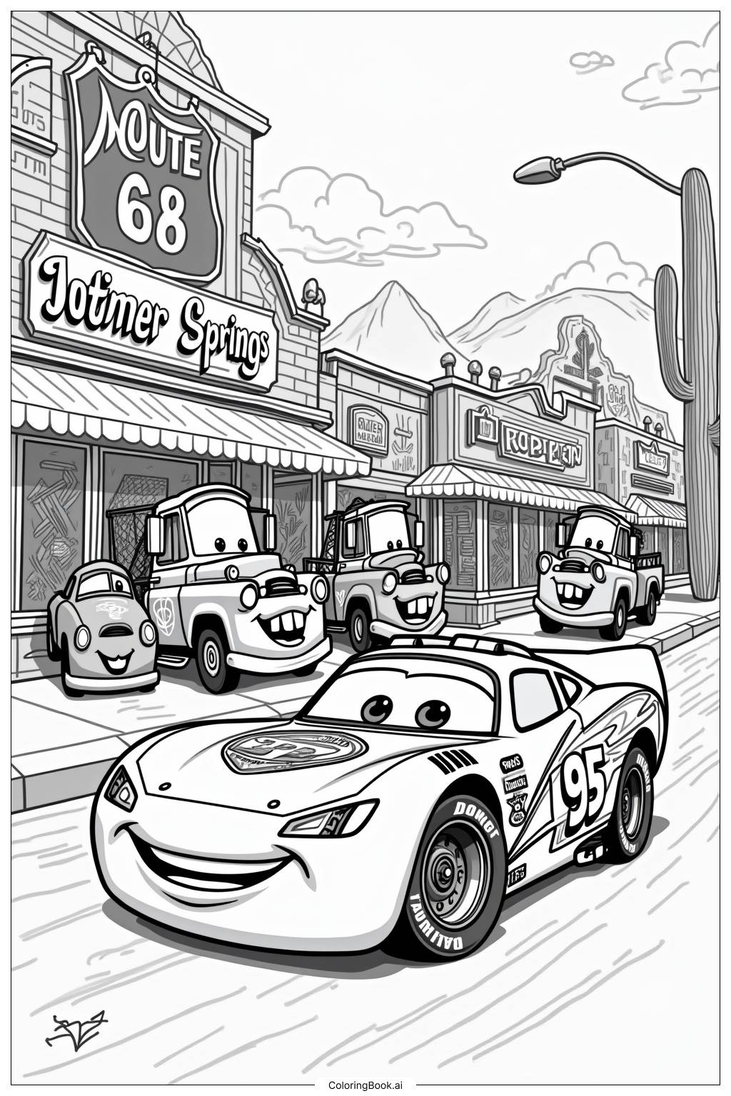  Página para colorir de Relâmpago McQueen em Radiator Springs com Amigos 