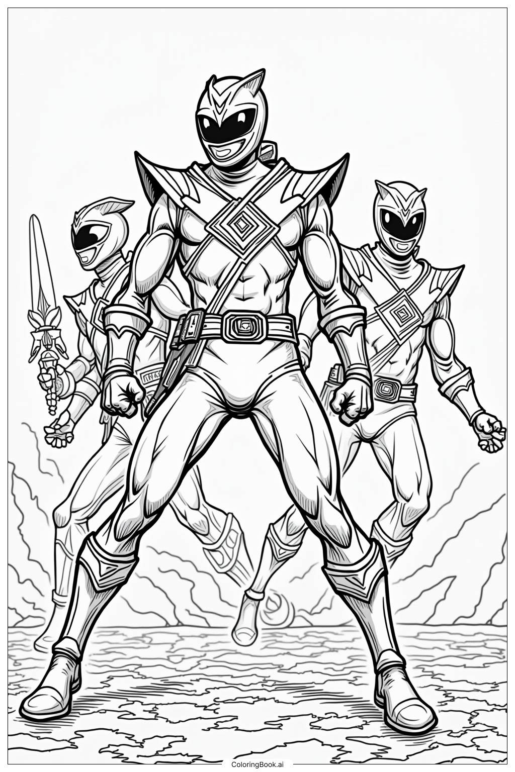  Page de coloriage Power Rangers utilisant des armes emblématiques 