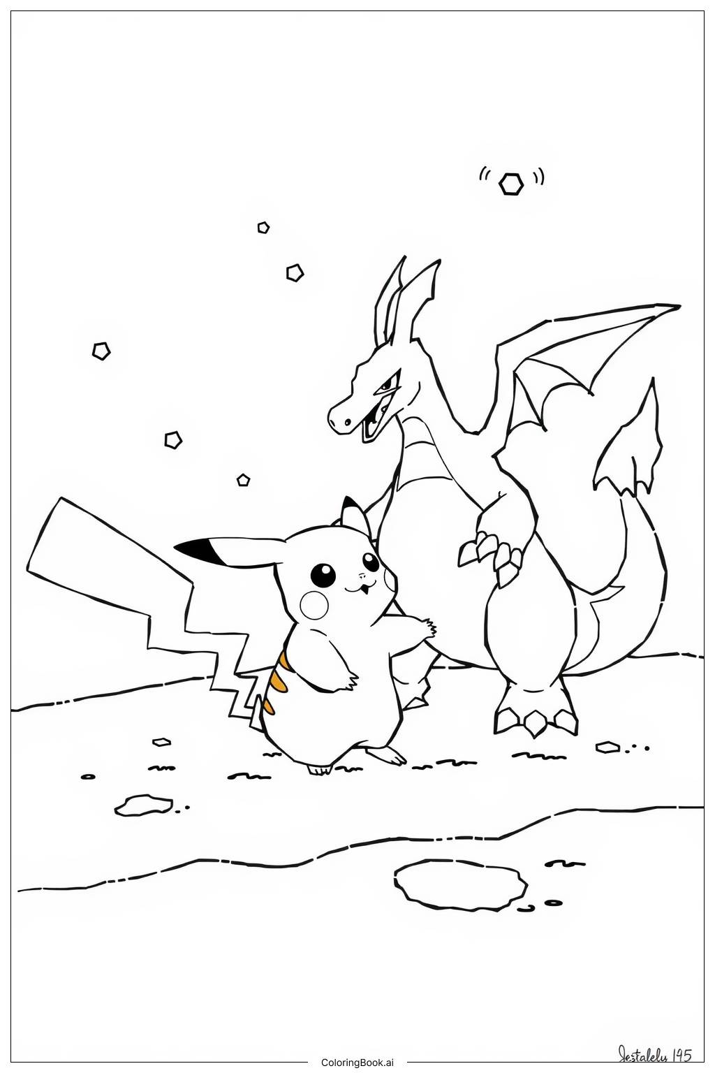  Pikachu and Charizard in a Snowy Scene Coloring Page 