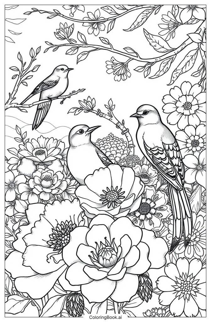  Página para colorear de Aves y flores 