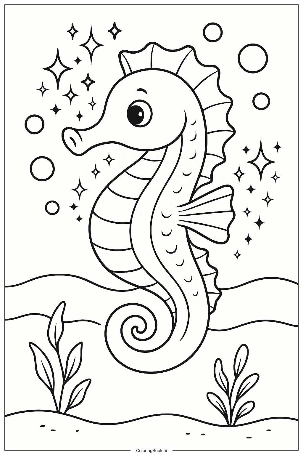 Página para colorear de Un Caballito de Mar Mágico con Brillantina