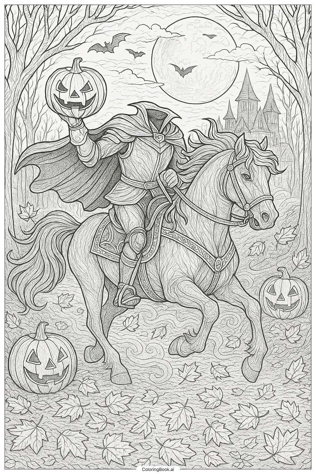  Die Reitpartie des kopflosen Reiters zu Halloween 2025 Ausmalseite 