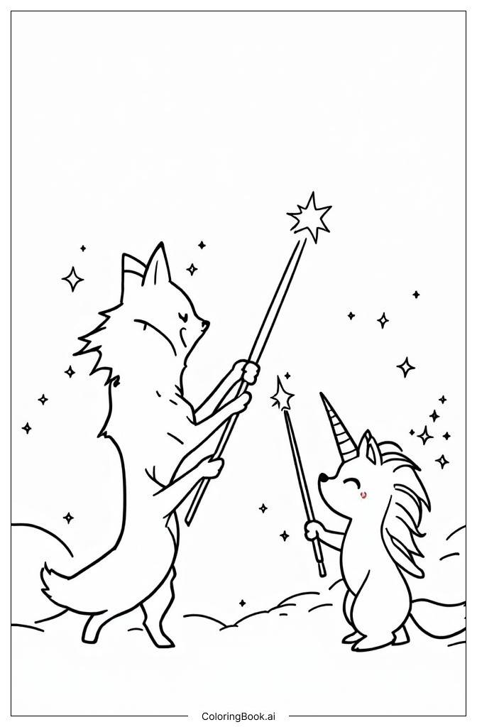  Page de coloriage Du duel magique entre le renard rouge et la licorne 