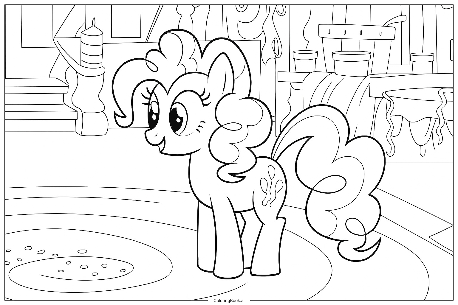  Página para colorear de Pinkie Pie de pie en una habitación 