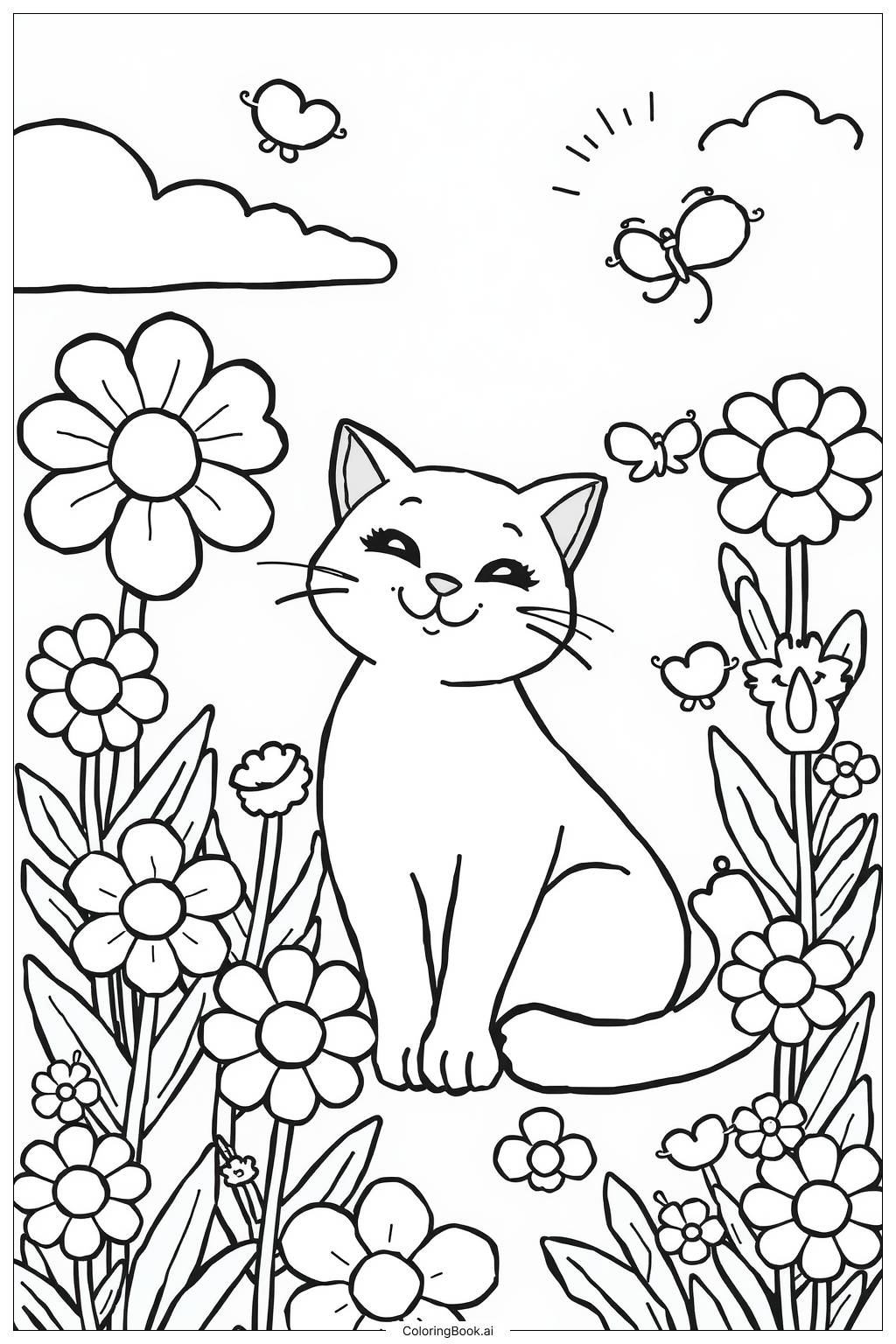  Página para colorir de Gato No Jardim de Flores 