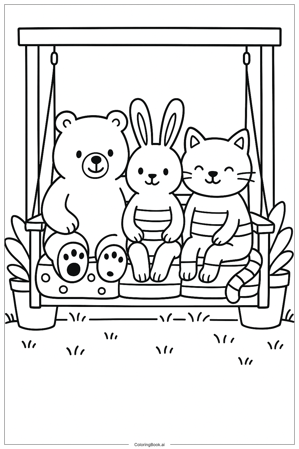  Página para colorear de Amigos Acogedores en un Columpio en el Porche 