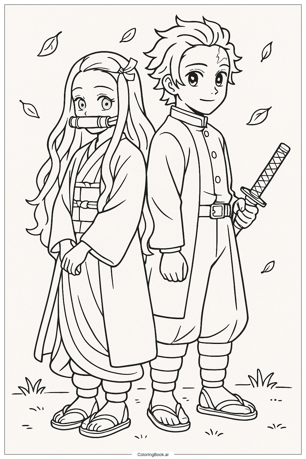 Página para colorear de Nezuko y Tanjiro de espaldas