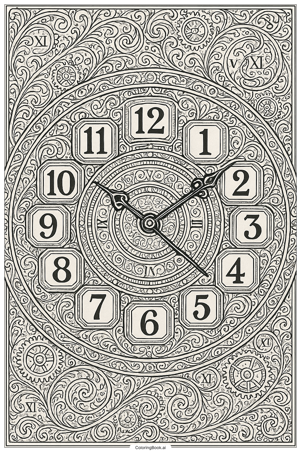  带有所有数字的钟表表盘填色页 
