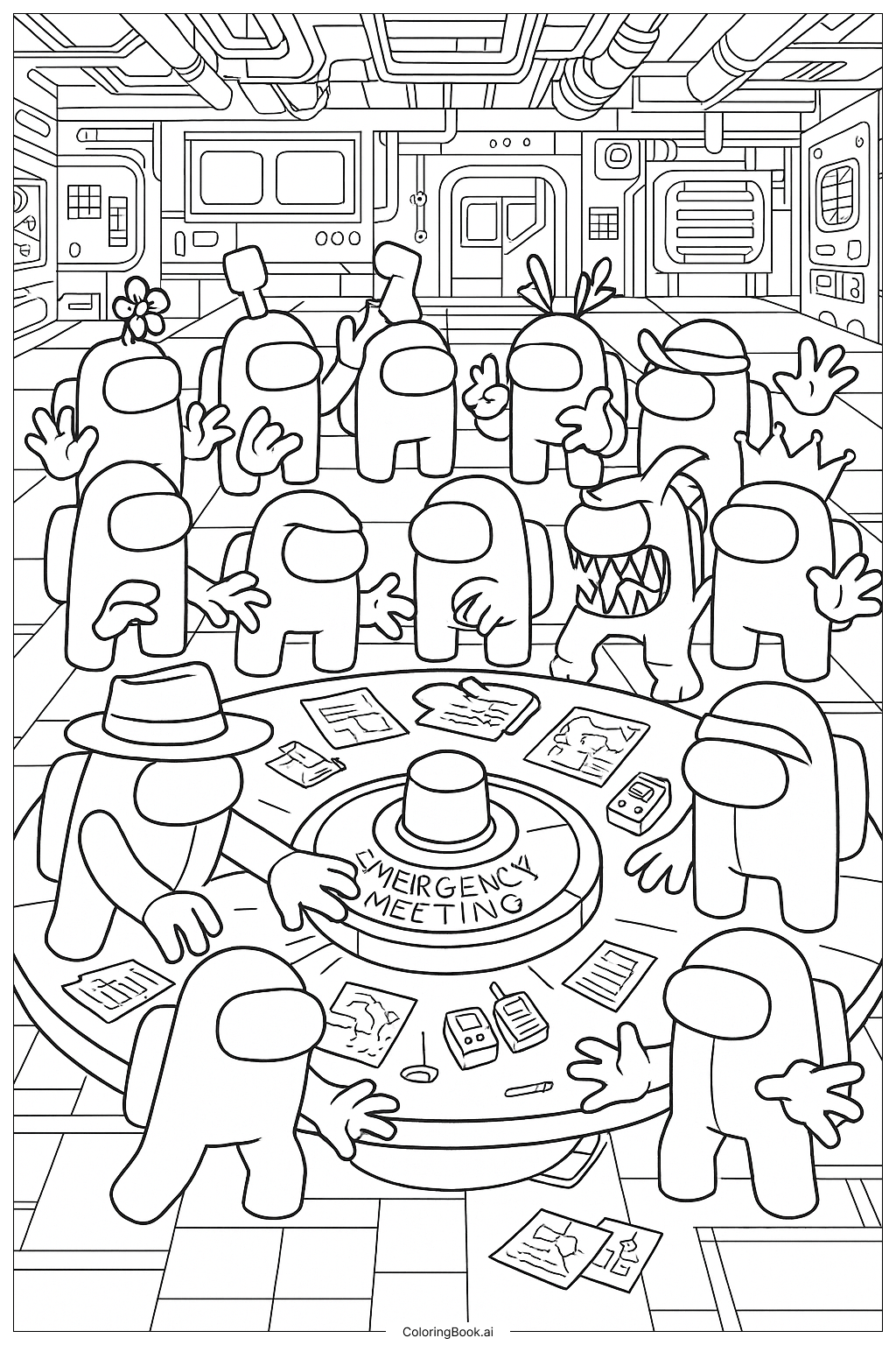  Among Us Emergency Meeting With All Characters Coloring Page 