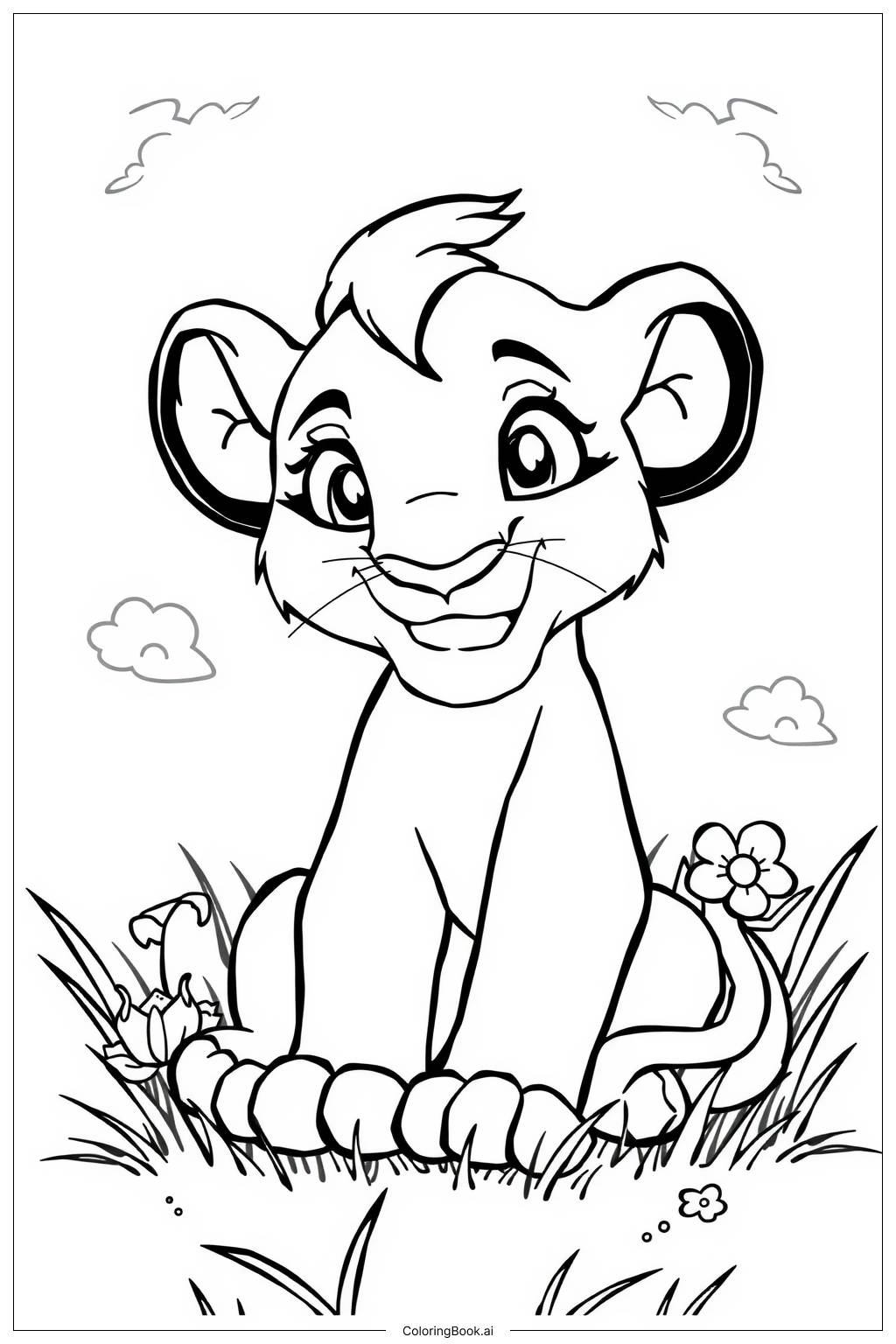  Page de coloriage le roi lion Nala souriante dans l'herbe 